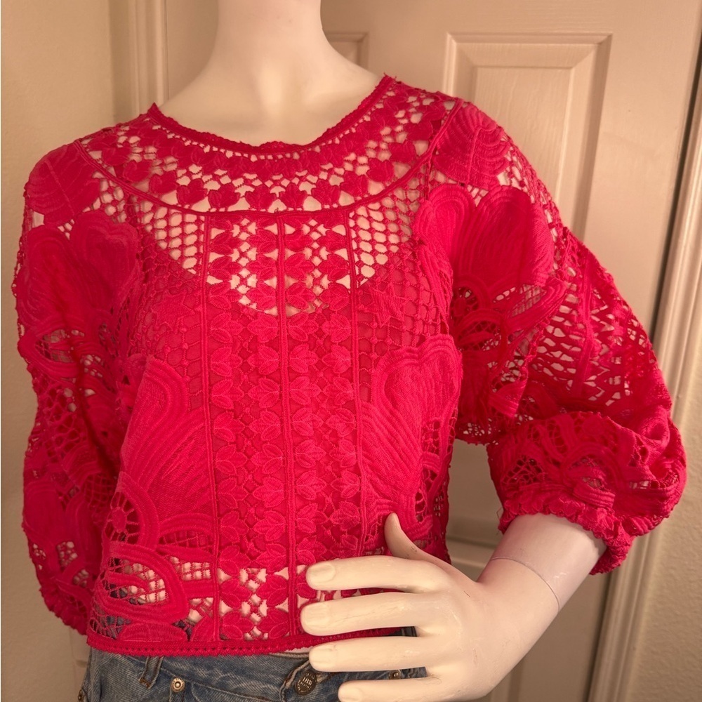 Farm Rio Boohoo Alucina Puff-Sleeve Guipure Pink Crop Top Size Small - Picture 3 of 13